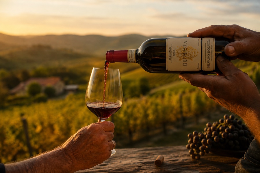 ænder hælder italiensk rødvin i glas på baggrund af Piemonte-vinmark ved solnedgang