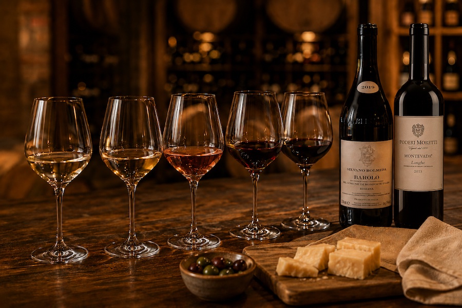 Vinsmagningsopstilling med italienske vine fra Piemonte — hvidvin, rosé og rødvin samt Barolo og Barbera